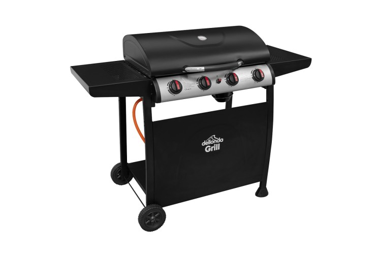 Dellonda 4 Burner Gas BBQ Grill, Ignition, Thermometer, Black/Stainless Steel